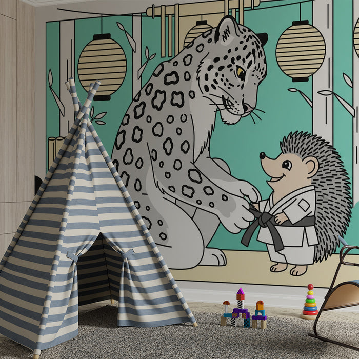 Barnrumspapper för barn | En leopard och en igelkott i kimono i en färgglad dojo