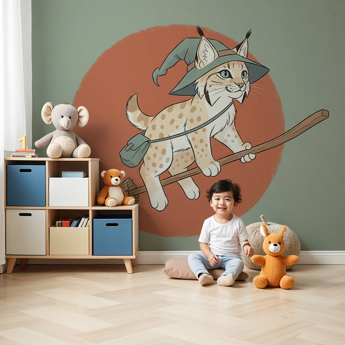Papier peint chambre enfant | Un lynx magique sur un balai volant