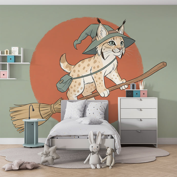 Papier peint chambre enfant | Un lynx magique sur un balai volant