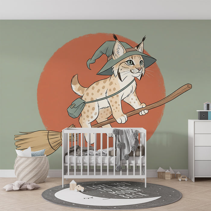 Papier peint chambre enfant | Un lynx magique sur un balai volant