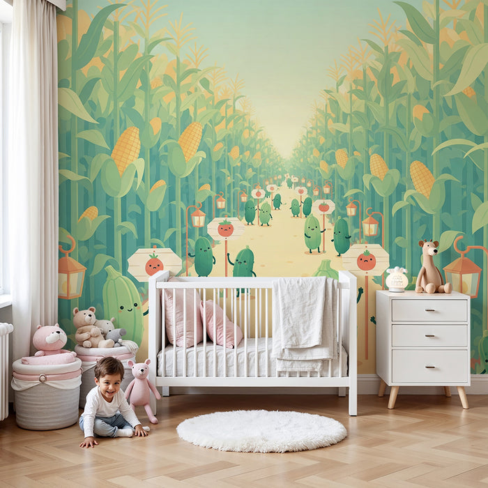 Kinderzimmer-Tapete | Eine lustige Gemüsewelt in einem Maisfeld