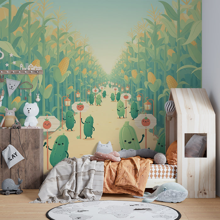 Kinderzimmer-Tapete | Eine lustige Gemüsewelt in einem Maisfeld