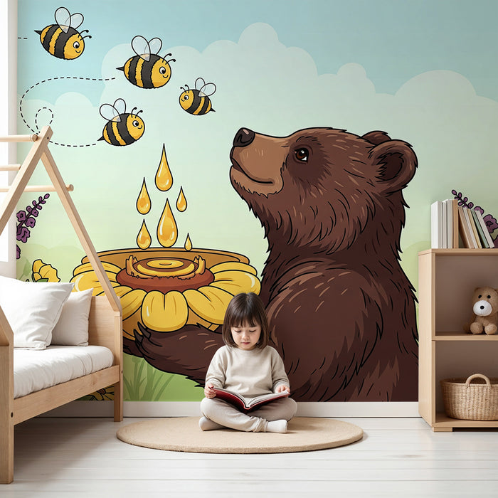 Papel de parede para quarto de criança | Um urso curioso e abelhas num jardim florido