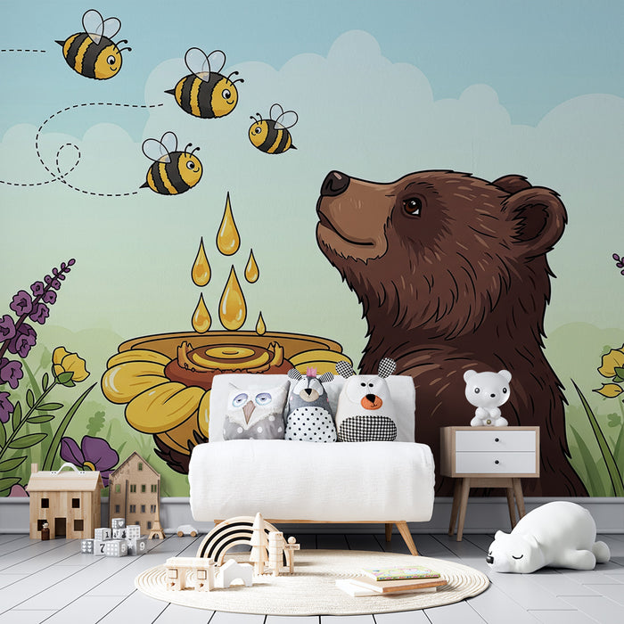Papel de parede para quarto de criança | Um urso curioso e abelhas num jardim florido