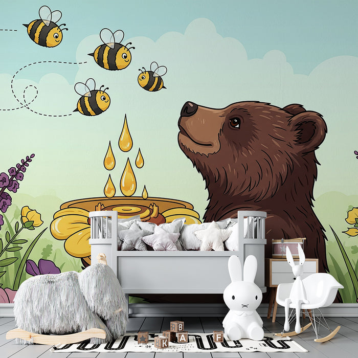 Papel de parede para quarto de criança | Um urso curioso e abelhas num jardim florido