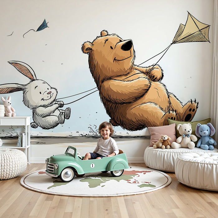 Papel de parede criança | Um urso e um coelho se divertem com uma pipa