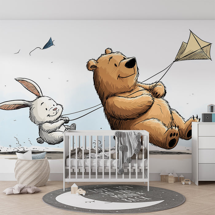 Papel de parede criança | Um urso e um coelho se divertem com uma pipa