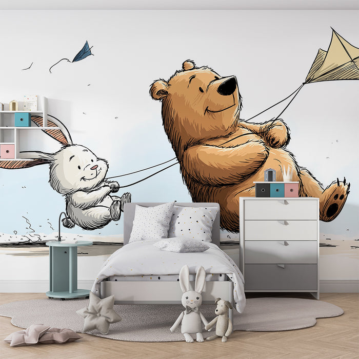 Papel de parede criança | Um urso e um coelho se divertem com uma pipa