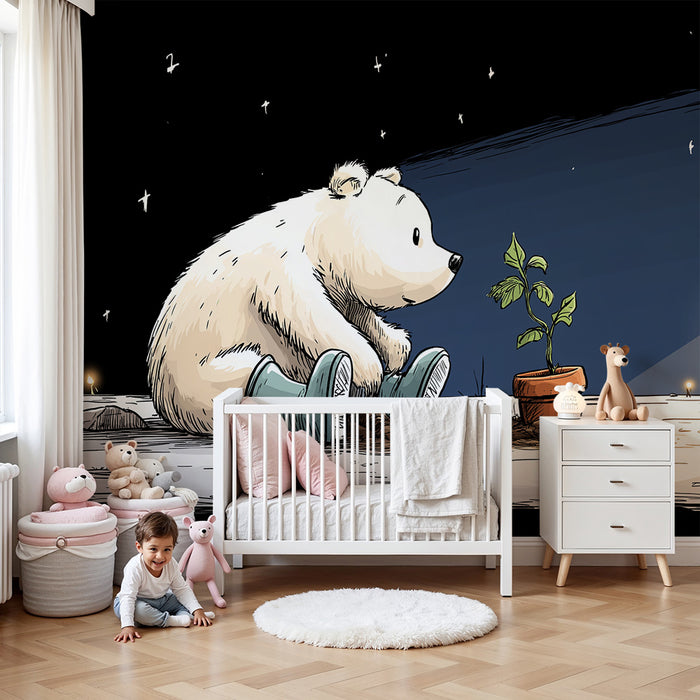 Papel de parede criança | Um urso polar e sua planta sob as estrelas