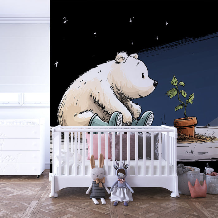 Papel de parede criança | Um urso polar e sua planta sob as estrelas