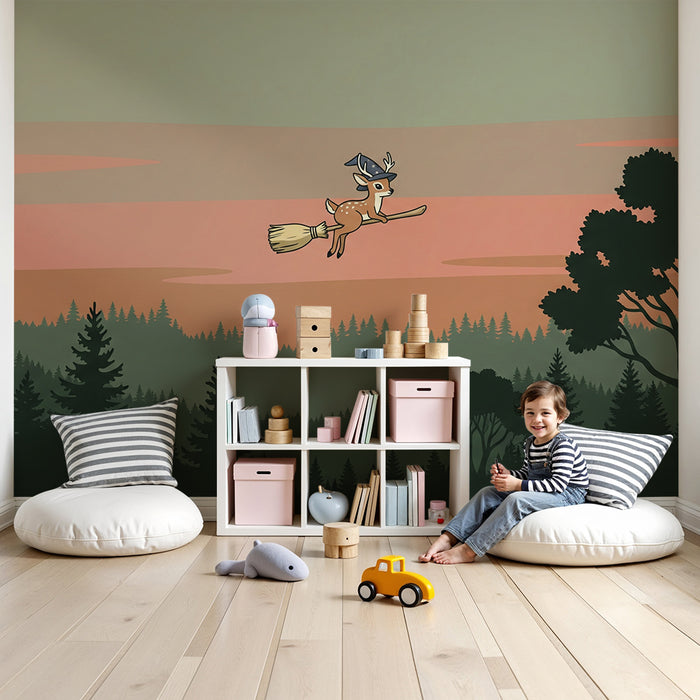 Papier peint chambre enfant | Un petit cerf magique sur un balai dans un paysage enchanteur