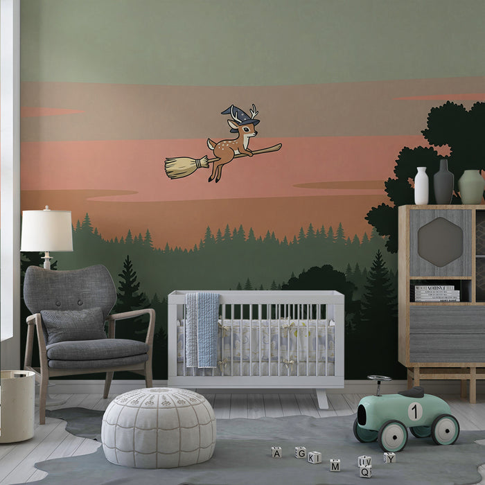 Papier peint chambre enfant | Un petit cerf magique sur un balai dans un paysage enchanteur