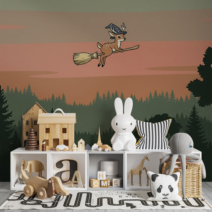 Papier peint chambre enfant | Un petit cerf magique sur un balai dans un paysage enchanteur