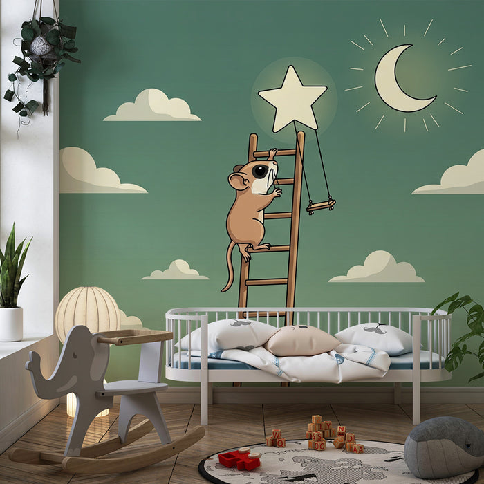 Papier peint chambre enfant | Un petit rongeur rêveur grimpant une échelle vers les étoiles