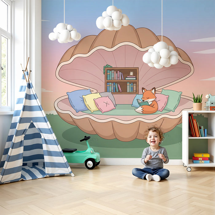 Kids' Room Wallpaper | A Fox in a Shell with Colorful Cushions