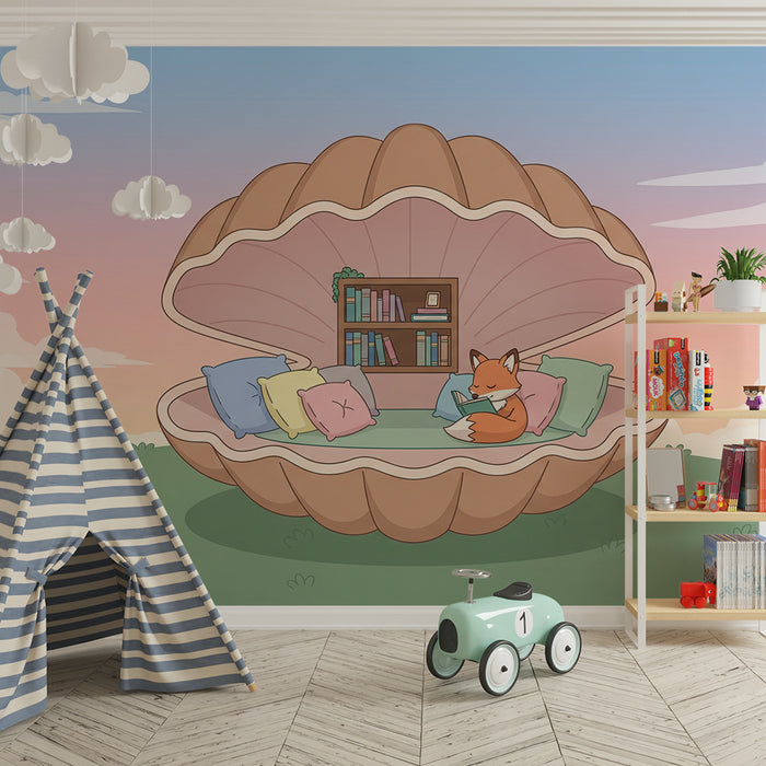 Kids' Room Wallpaper | A Fox in a Shell with Colorful Cushions