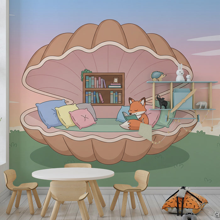 Kids' Room Wallpaper | A Fox in a Shell with Colorful Cushions