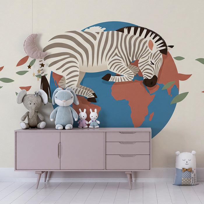 Gyermekszoba tapéta | Egy elbűvölő alvó zebra a földgömbön