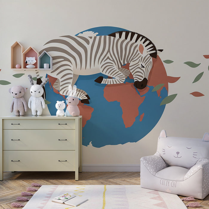 Gyermekszoba tapéta | Egy elbűvölő alvó zebra a földgömbön