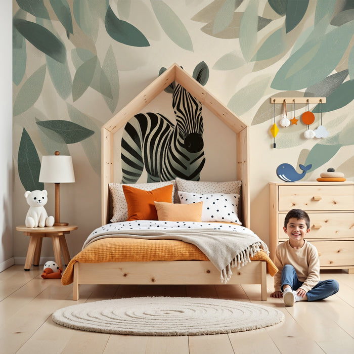 Kinderkamer behang | Een elegante zebra te midden van bladeren