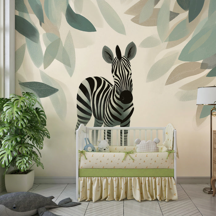 Kinderkamer behang | Een elegante zebra te midden van bladeren