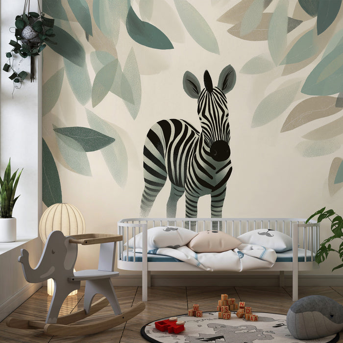 Kinderkamer behang | Een elegante zebra te midden van bladeren