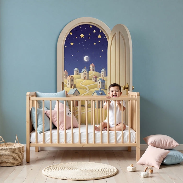 Papier peint chambre enfant | Une porte magique vers un village étoilé
