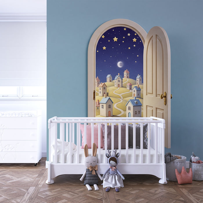 Papier peint chambre enfant | Une porte magique vers un village étoilé