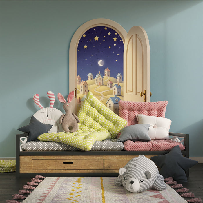 Papier peint chambre enfant | Une porte magique vers un village étoilé