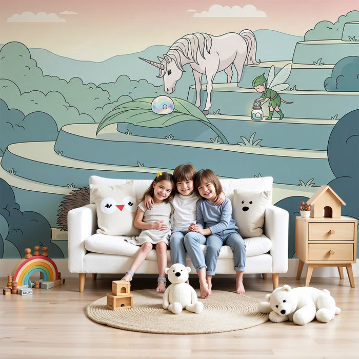 Papier peint chambre enfant | Unicorne, fée et hérisson dans un monde féerique