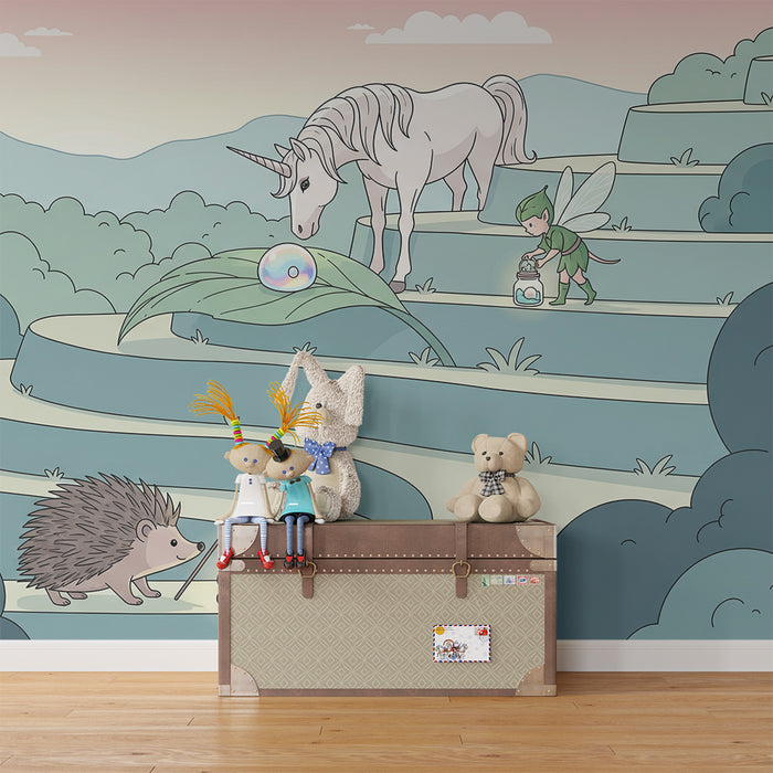 Papier peint chambre enfant | Unicorne, fée et hérisson dans un monde féerique