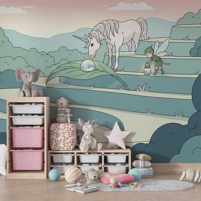 Papier peint chambre enfant | Unicorne, fée et hérisson dans un monde féerique