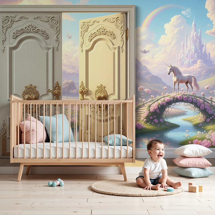 Papier peint chambre enfant | Unicornes et château féerique dans un jardin enchanté