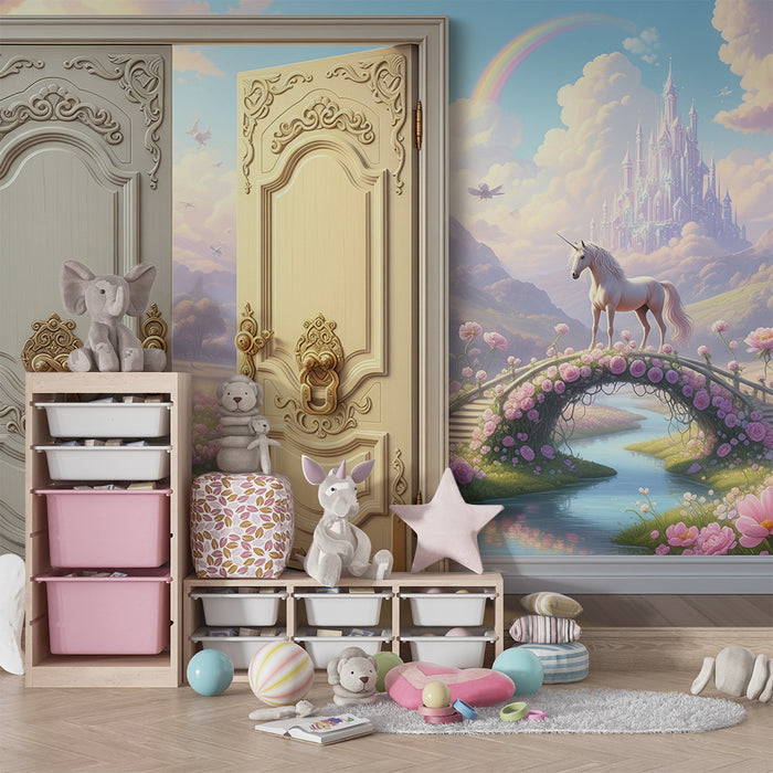 Papier peint chambre enfant | Unicornes et château féerique dans un jardin enchanté