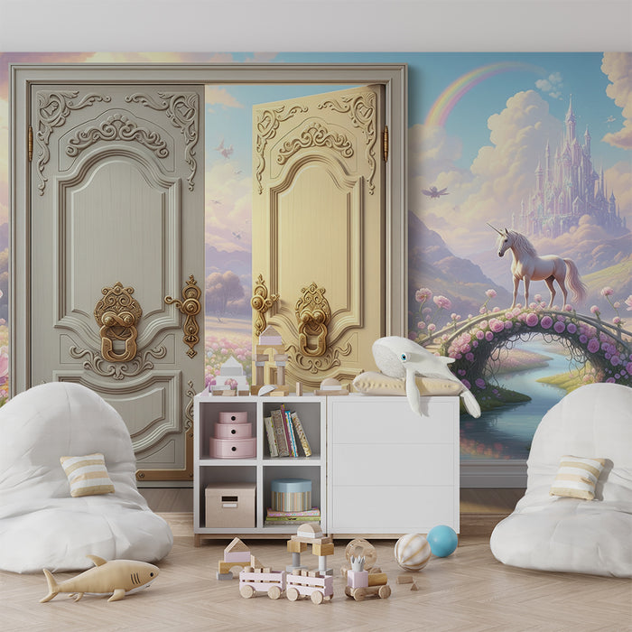 Papier peint chambre enfant | Unicornes et château féerique dans un jardin enchanté
