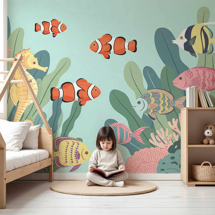 Kinderzimmer-Tapete | Bunte Unterwasserwelt mit Fischen aus warmen Meeren und Korallen