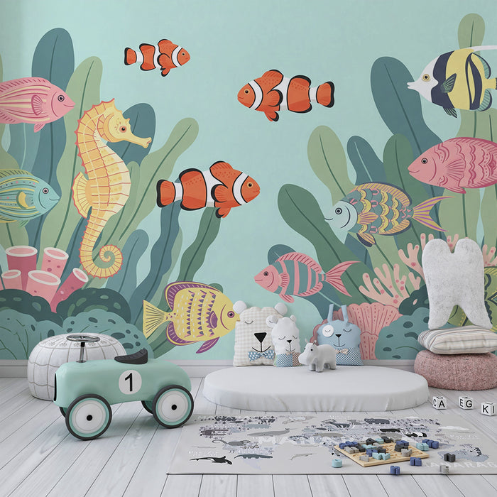Kinderzimmer-Tapete | Bunte Unterwasserwelt mit Fischen aus warmen Meeren und Korallen