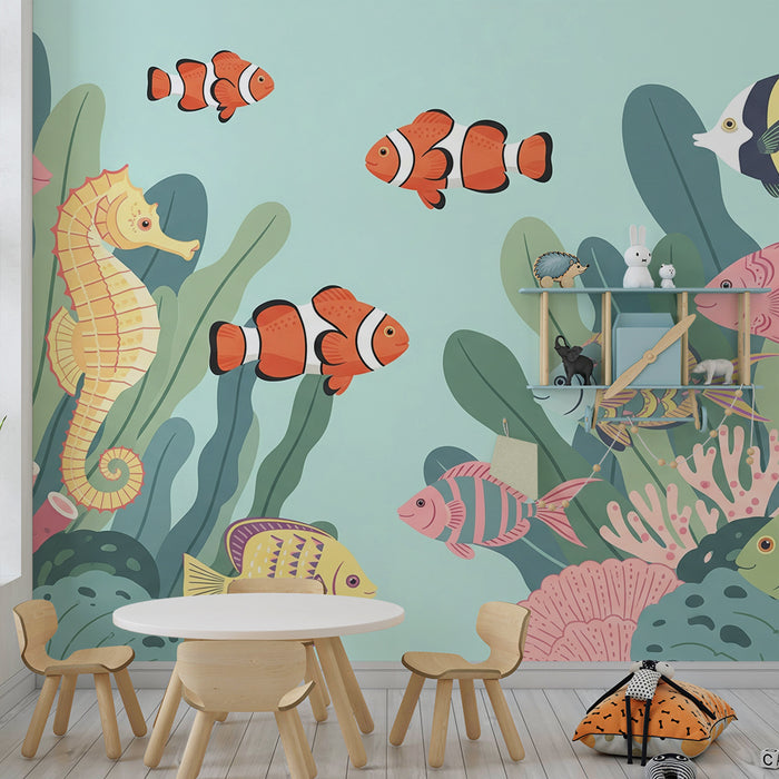 Kinderzimmer-Tapete | Bunte Unterwasserwelt mit Fischen aus warmen Meeren und Korallen