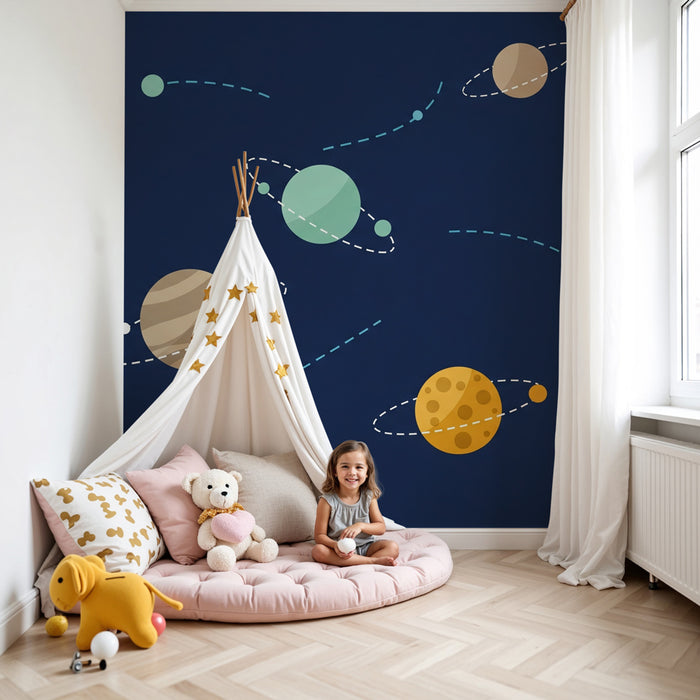Papel pintado infantil | Universo astral con planetas coloridos