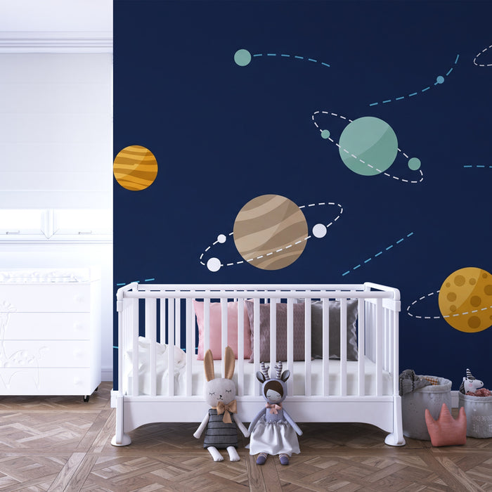 Papel pintado infantil | Universo astral con planetas coloridos