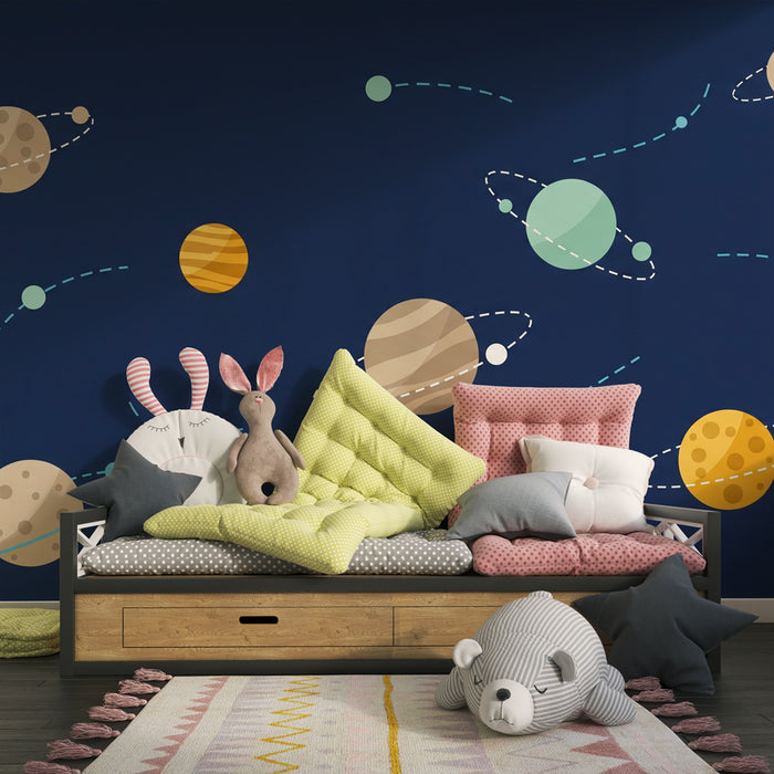 Papel pintado infantil | Universo astral con planetas coloridos