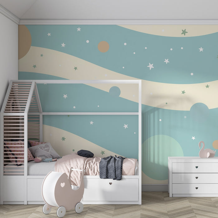 Papel pintado infantil | Universo celestial con estrellas y planetas