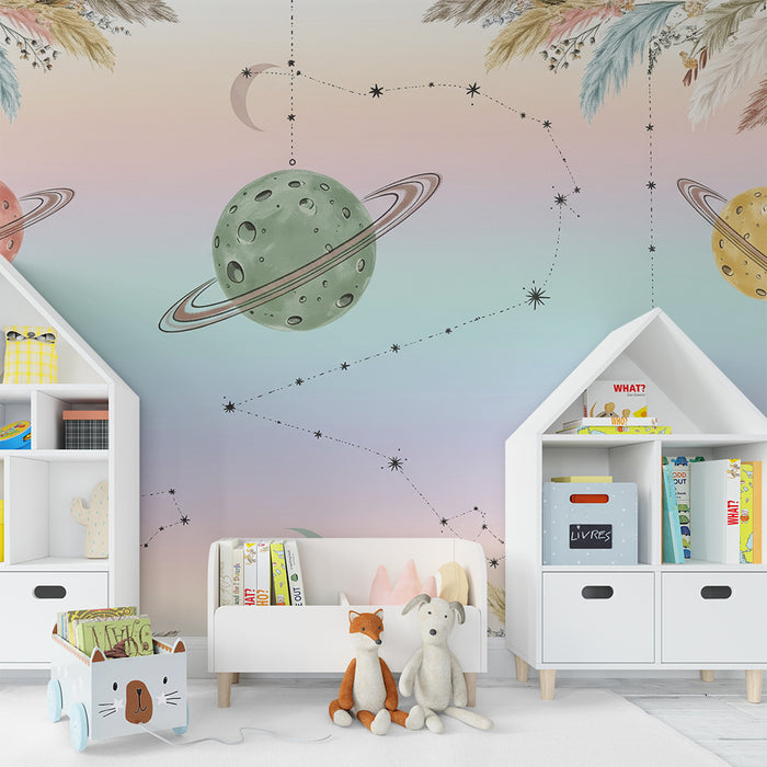 Kinderzimmer Tapete | Himmlisches Universum mit bunten Planeten und Sternbildern