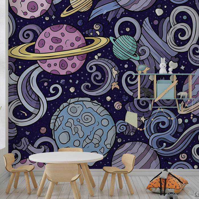 Papel de parede criança | Universo colorido com planetas e estrelas