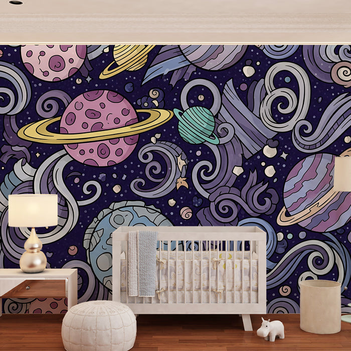 Papel de parede criança | Universo colorido com planetas e estrelas