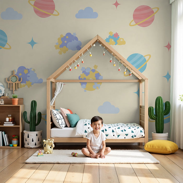 Papier de parede dječja soba | Šareni svemir s planetima i mekanim oblacima