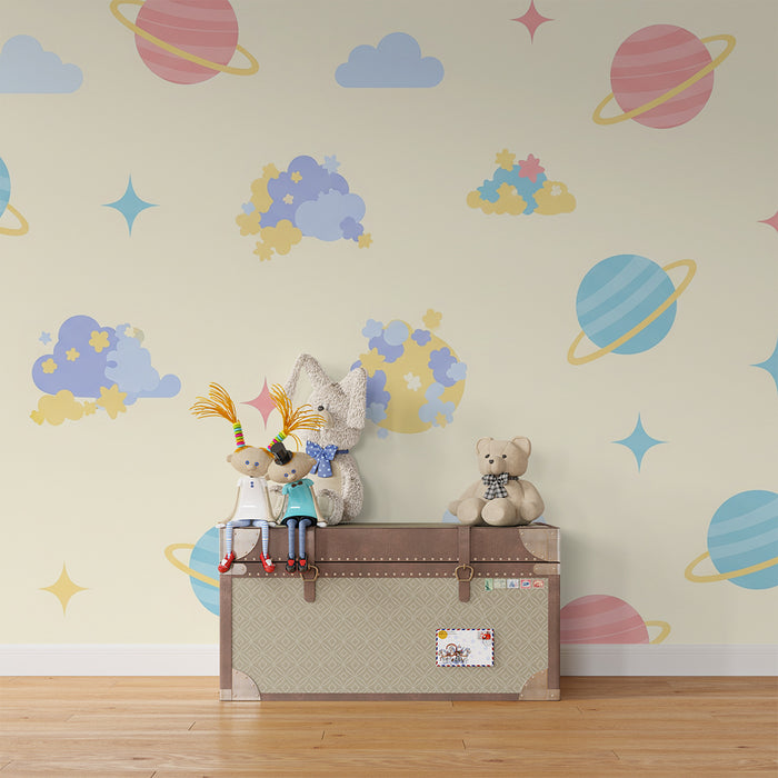 Papier de parede dječja soba | Šareni svemir s planetima i mekanim oblacima