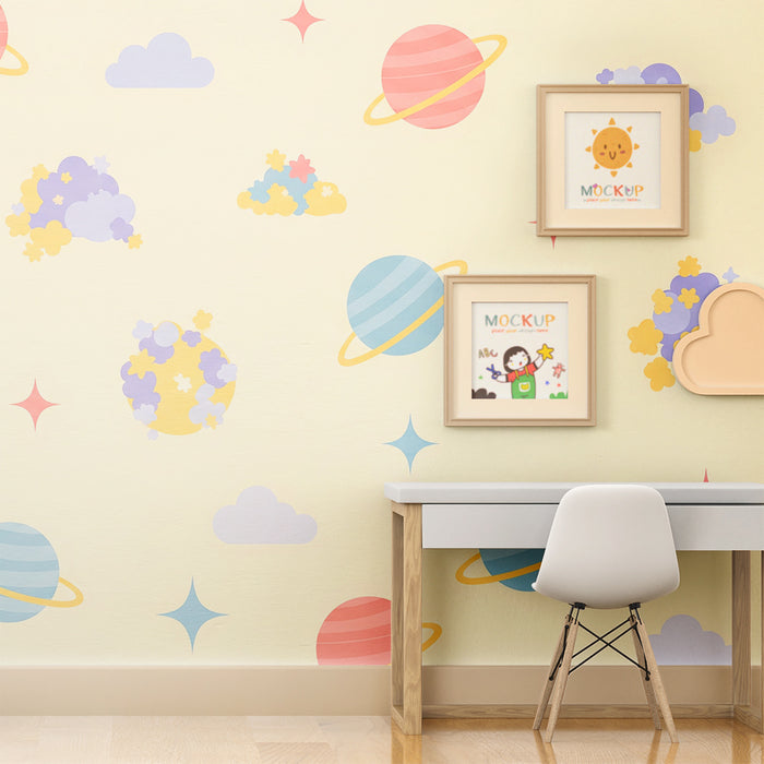 Papier de parede dječja soba | Šareni svemir s planetima i mekanim oblacima