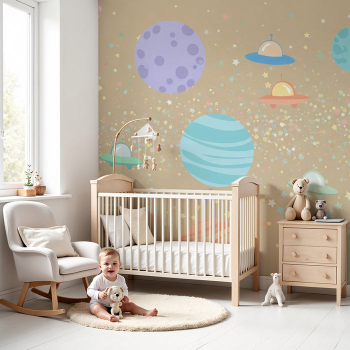 Papier peint chambre enfant | Univers coloré avec planètes et soucoupes volantes