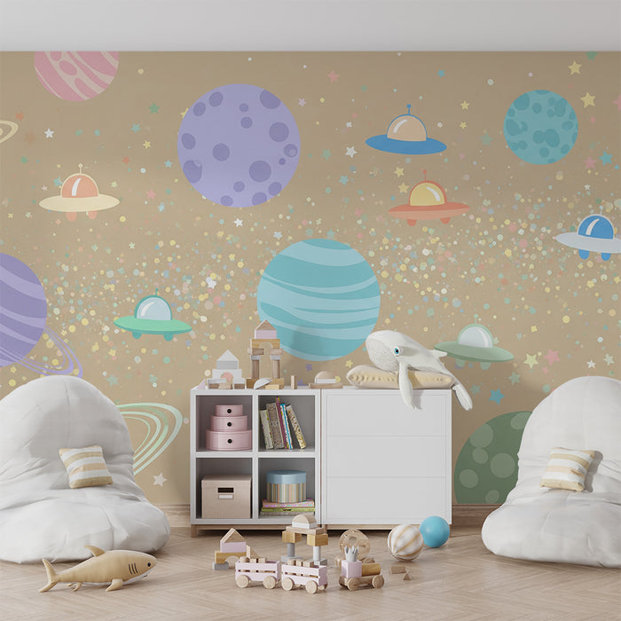Papier peint chambre enfant | Univers coloré avec planètes et soucoupes volantes